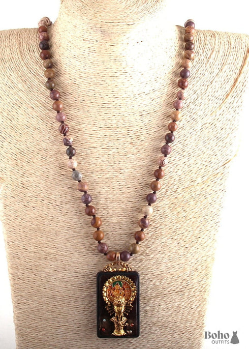Boho Necklace, RH Precious Lava Stone, Ganesha Buddha